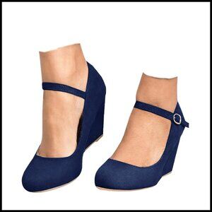 Suede Wedge Pumps Elegant Dressy Mary Jane Shoes Comfort Ankle Strap Heels